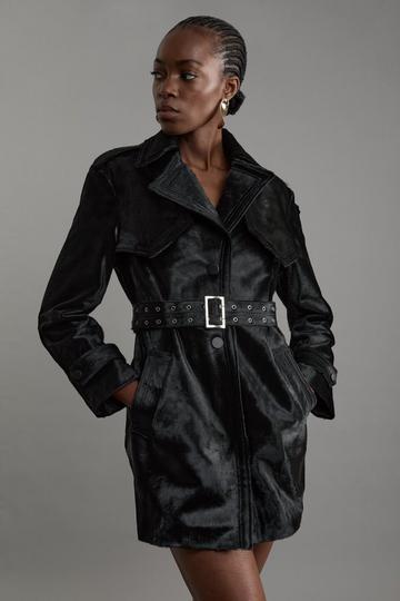 Black Shearling Eyelet Belted Short Trench Coat