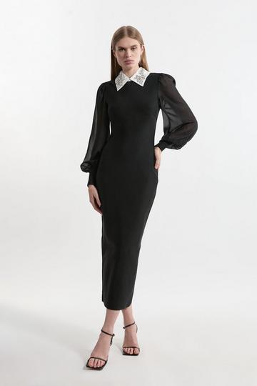 Petite Bandage Collared Midi Dress With Sheer Sleeve black