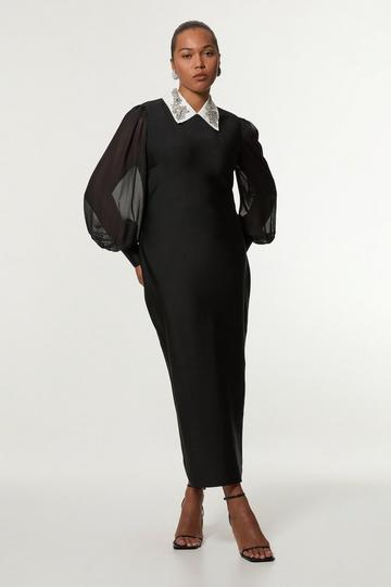 Black Plus Size Bandage Collared Sheer Sleeve Midi Dress