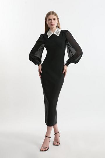 Bandage Collared Midi Dress With Sheer Sleeve black