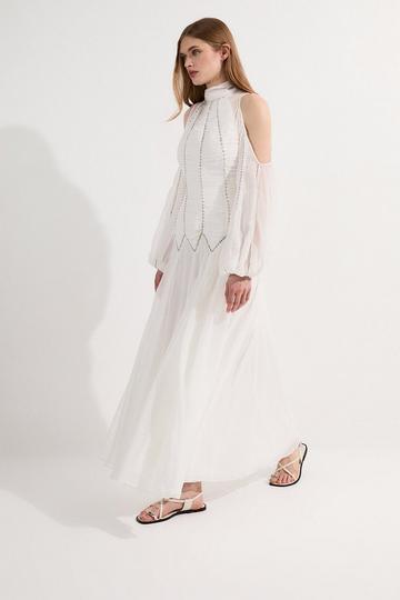 Tall High Neck Embellished Ruched Georgette Woven Maxi Dress ivory