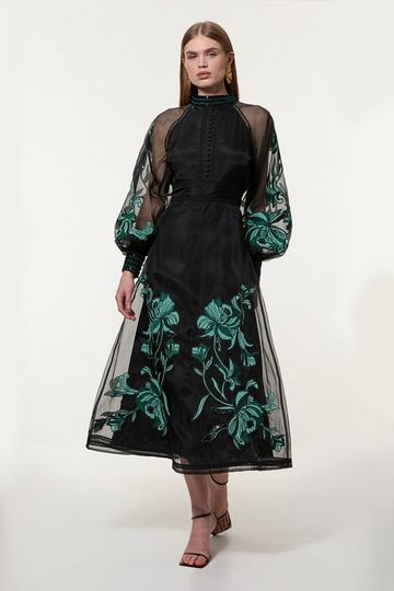 Petite Floral Embroidery Organdie Woven Midi Dress green