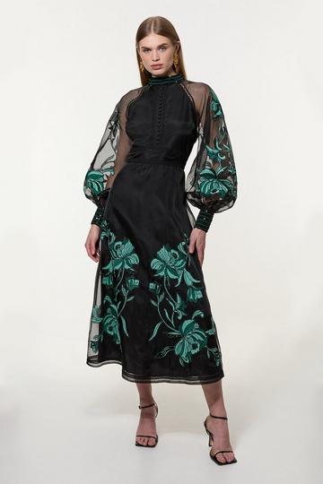 Green Floral Embroidery Organdie Woven Midi Dress