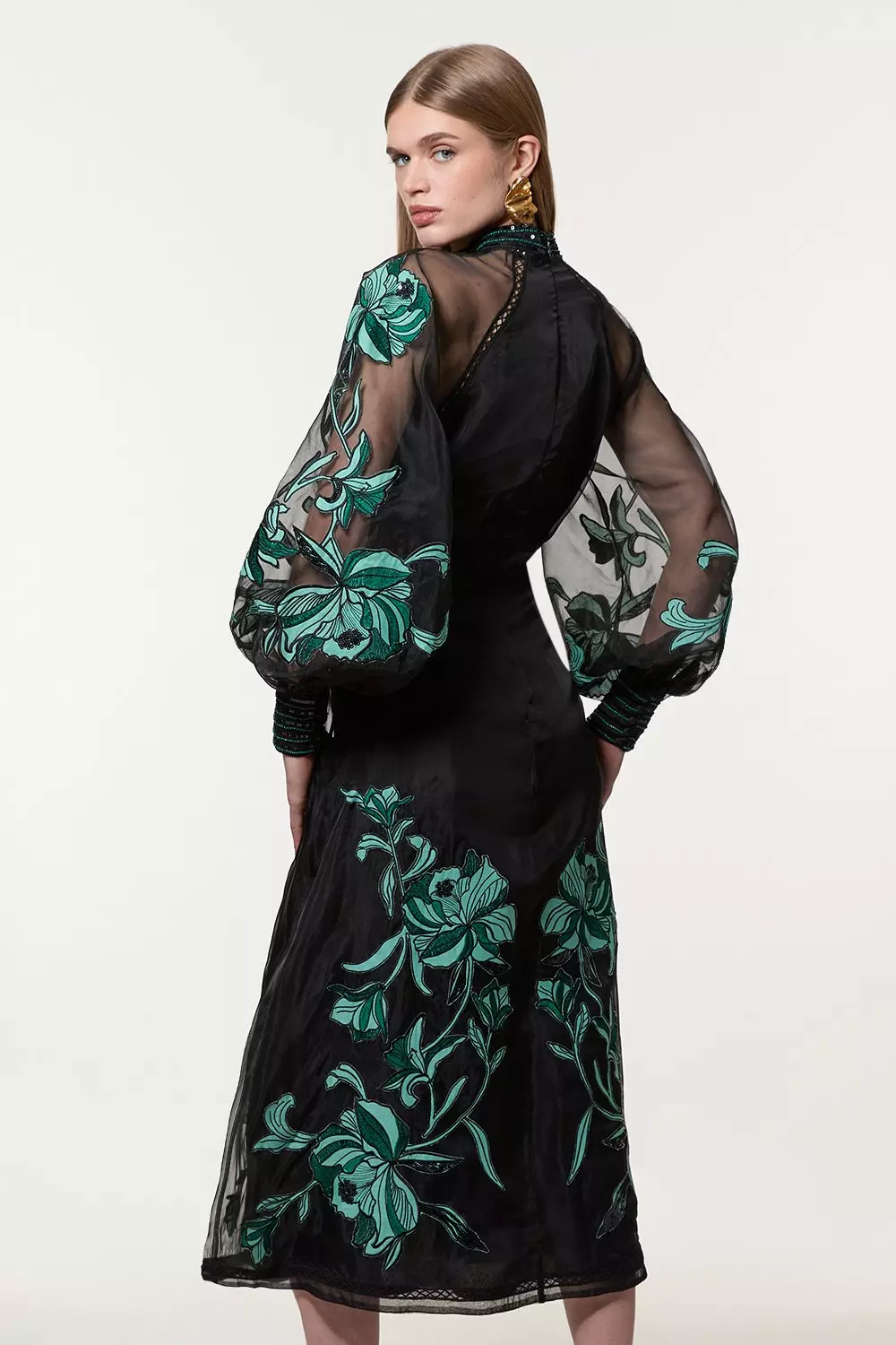 【KAREN MILLEN】Floral Embroidery Organdie ミディドレス Floral Embroidery Organdie Woven Midi Dress | Karen Millen