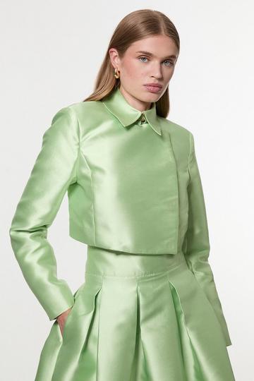Green Collared Twill Cropped Woven Jacket
