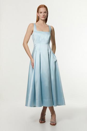 Blue Twill Prom Woven Midi Dress