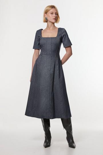 Navy Herringbone Full Skirt Tailored Midi Dress