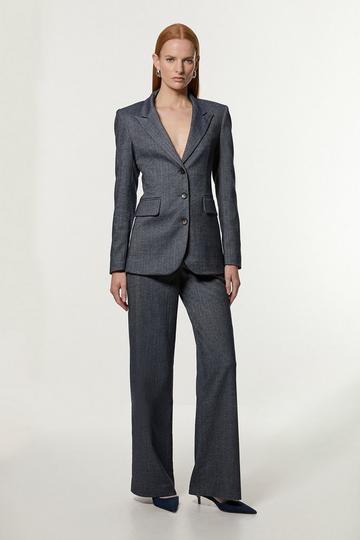 Navy Herringbone Tailored Wide Leg Trousers