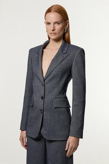 Navy Herringbone Single Breasted Tailored Blazer