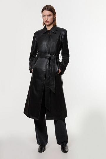 Black Faux Leather Clasp Detail Clean Tailored Trench Coat