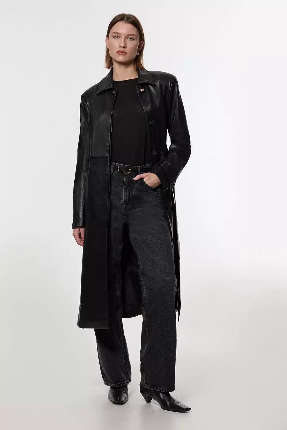 Faux Leather Clasp Detail Clean Tailored Trench Coat | Karen