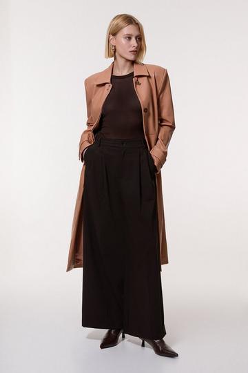 Faux Leather Clasp Detail Clean Tailored Trench Coat camel