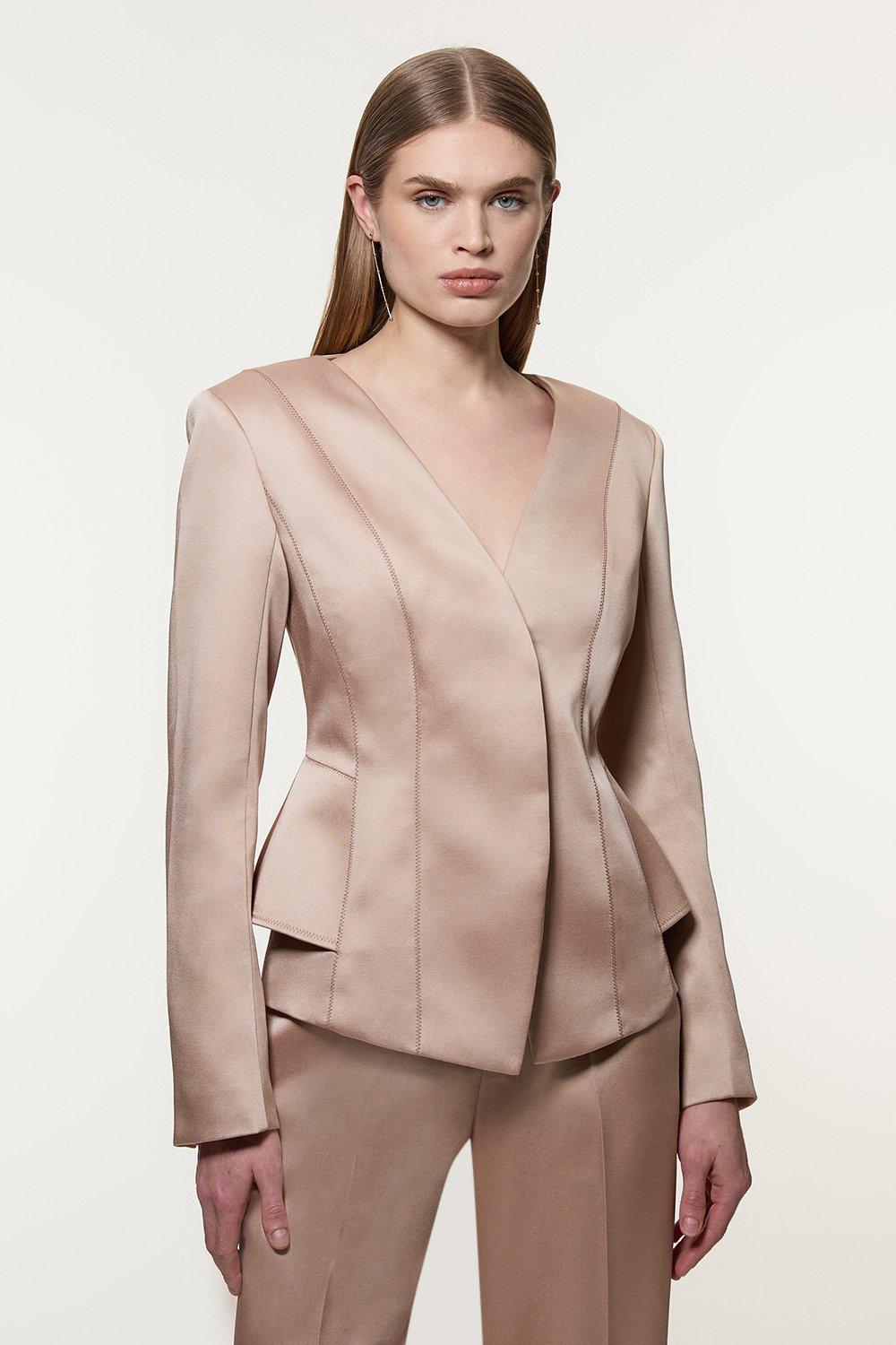 Champagne Structured Viscose Satin Stitch Detail Tailored Peplum Blazer