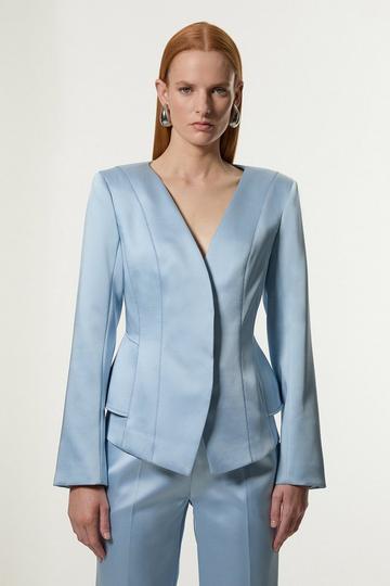 Blue Structured Viscose Satin Stitch Detail Tailored Peplum Blazer