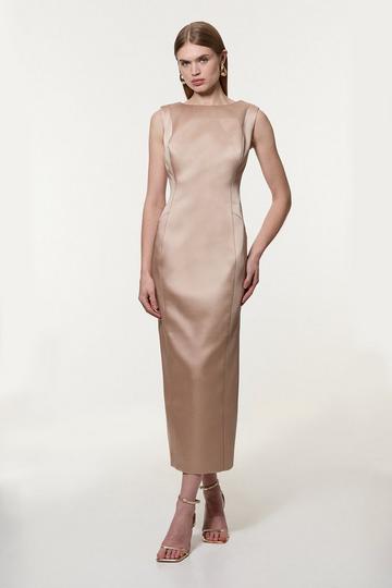 Structured Viscose Satin Stitch Detail Tailored Pencil Maxi Dress champagne