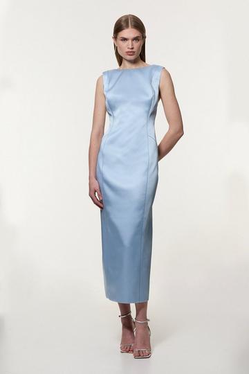 Structured Viscose Satin Stitch Detail Tailored Pencil Maxi Dress pale blue