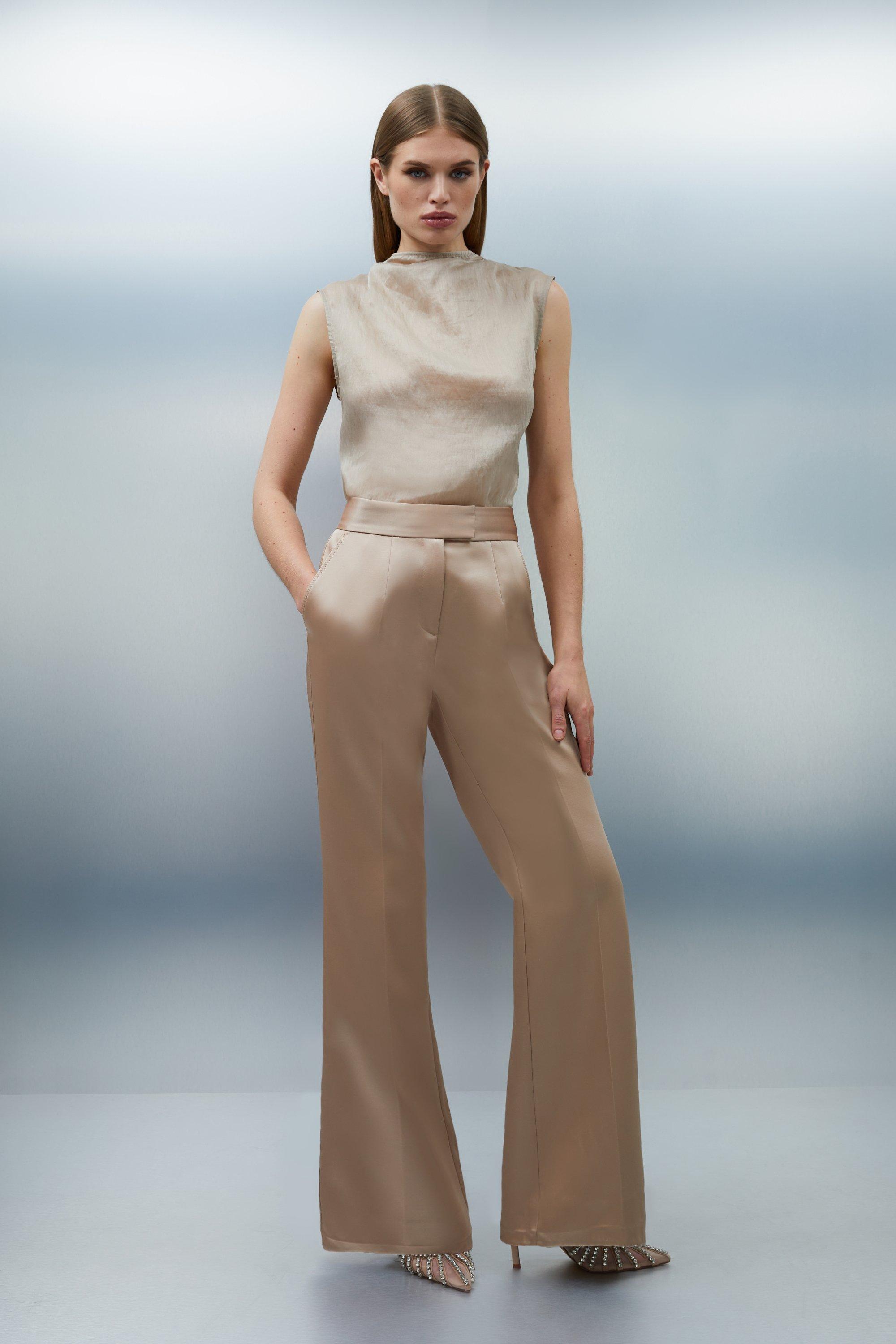 Champagne Structured Viscose Satin Stitch Detail Tailored Kickflare Trouser