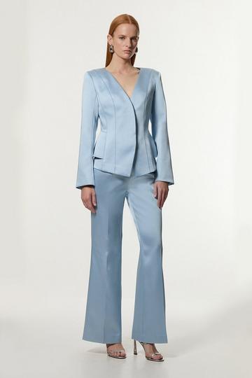 Structured Viscose Satin Stitch Detail Tailored Kickflare Trouser pale blue