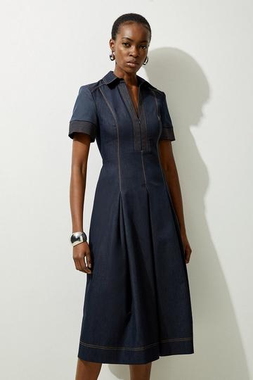 Petite Tailored Denim Full Skirted Midi Shirt Dress indigo