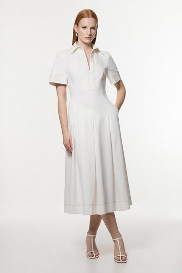 Ivory White Tailored Denim Full Skirted Midaxi Shirt Dress