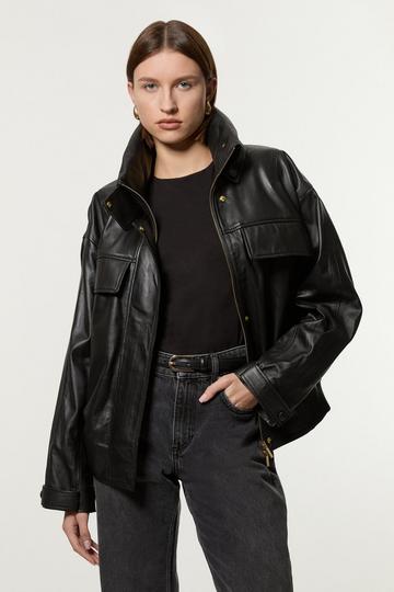 Leather High Neck Blouson Bomber Jacket