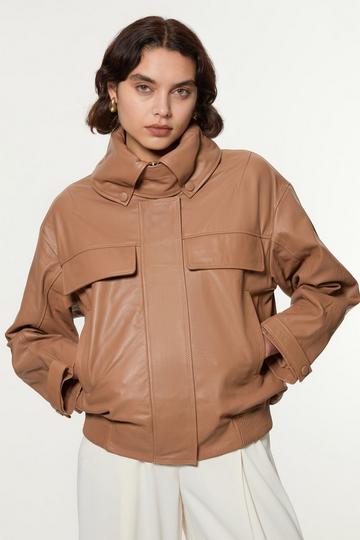 Leather High Neck Blouson Bomber Jacket camel