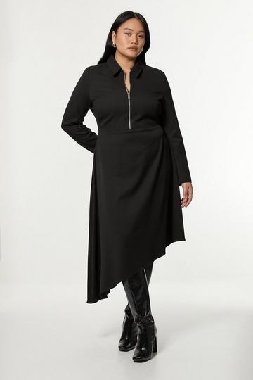 Plus Size Technical Crepe Tailored Metal Zip Detail High Low Midi Dress black