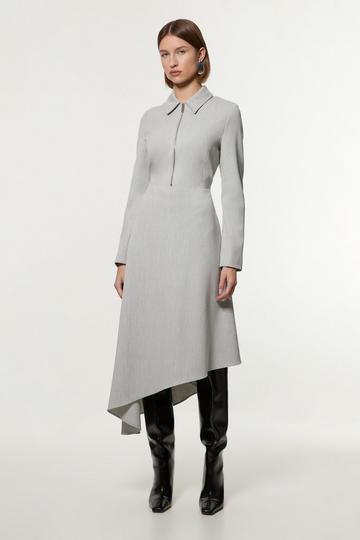 Grey Petite Technical Crepe Tailored Metal Zip Detail High Low Midi Dress