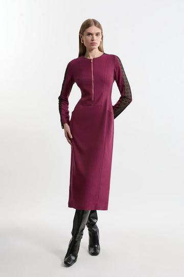 Petite Tailored Twill Lace Mix Zip Front Midi Dress plum