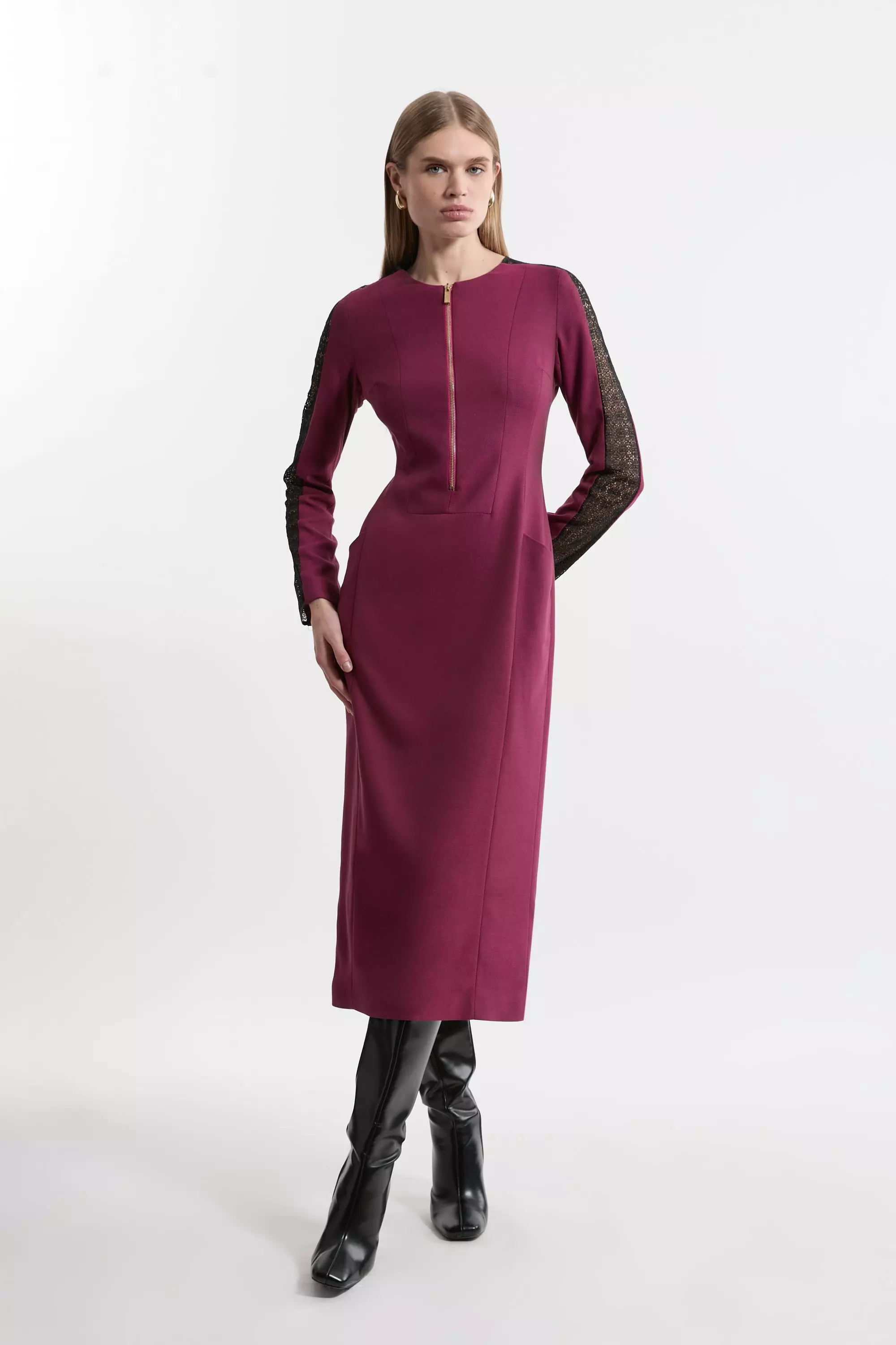 Petite Tailored Twill Lace Mix Zip Front Midi Dress | Karen Millen