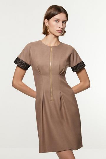 Petite Tailored Twill Lace Mix Zip Front Mini Dress taupe