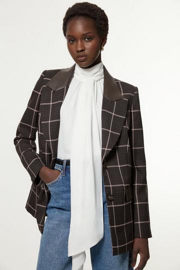 Petite Check Pu Mix Tailored Jacket brown