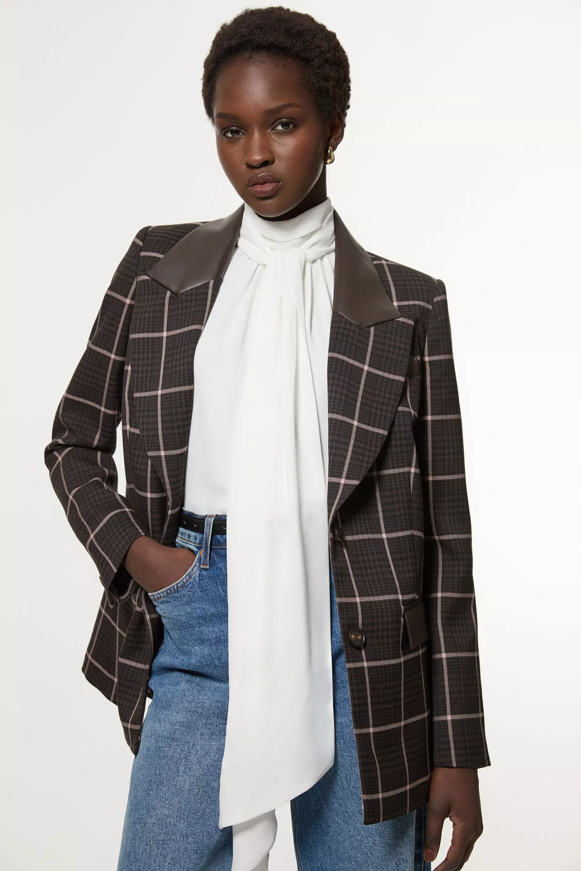 Karen Millen Women s Petite Check PU Mix Tailored Jacket