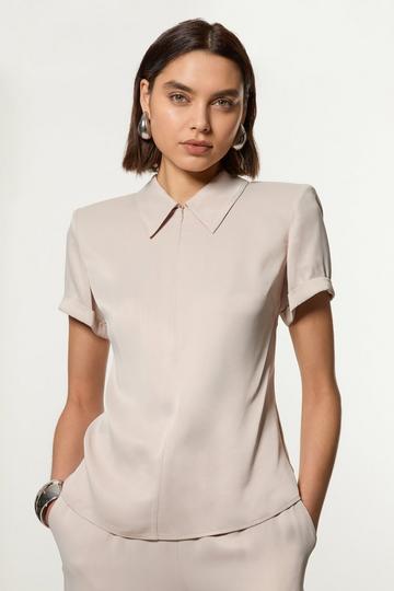 Collared Zip Satin Short Sleeve Woven Top silver