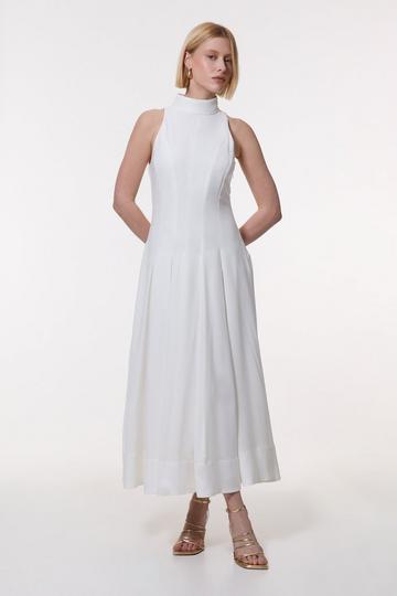 Halter Neck Pleated Woven Maxi Dress ivory