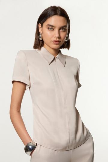 Silver Tall Collared Zip Satin Short Sleeve Woven Top