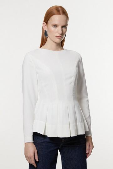 Pleated Long Sleeve Open Back Detail Woven Blouse ivory