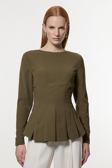 Pleated Long Sleeve Open Back Detail Woven Blouse olive