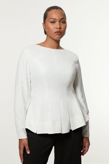 Plus Size Pleated Long Sleeve Open Back Detail Woven Blouse ivory