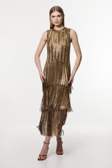 Embellished And Beaded Layered Fringing Woven Midi Dress gold