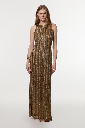 Gold Metallic Petite Embellished And Beaded Woven Column Midi Dress