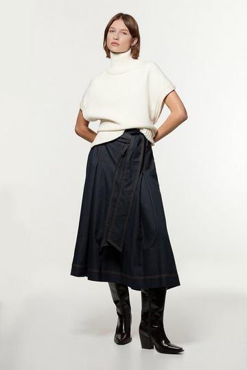 Tailored Full Skirted Belted Midaxi Skirt indigo