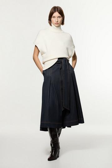 Petite Tailored Full Skirted Belted Midi Skirt indigo