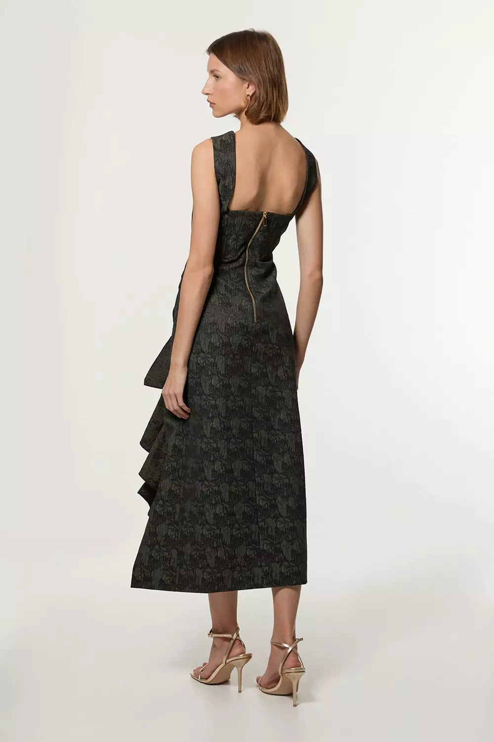 【Karen Millen】テーラード マール コントラスト マキシドレス Petite Jacquard Ruffle Strappy Tailored Maxi Dress | Karen