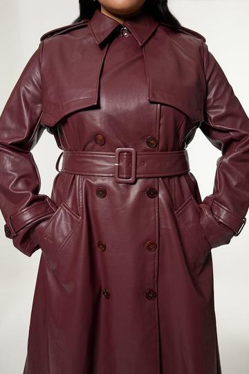 Plus Size Tailored Faux Leather Belted Trench Coat oxblood