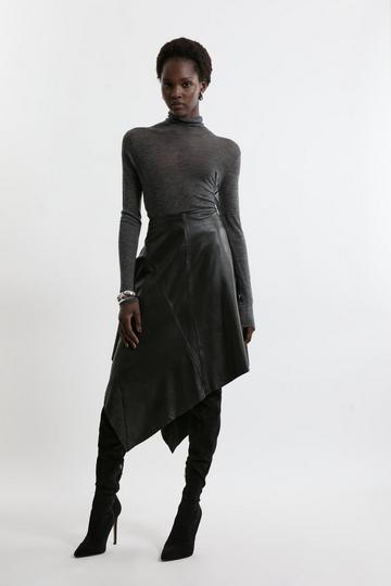 Leather Asymmetric Hem Drape Skirt black