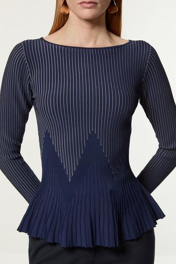 Zig Zag Stitch Detail Peplum Knitted Top navy