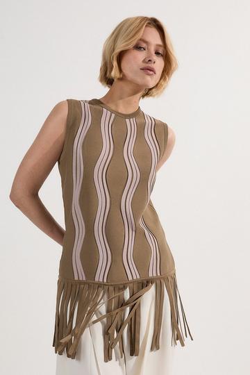 Contrast Wave Knit Top With Fringing olive