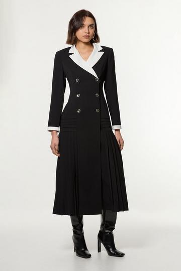 Long Sleeve Contrast Collar Pleated Button Detailed Woven Midi Dress mono