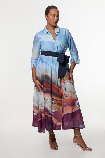 Plus Size Silk Cotton Stallion Print Woven Belted Maxi Shirt Dress blue